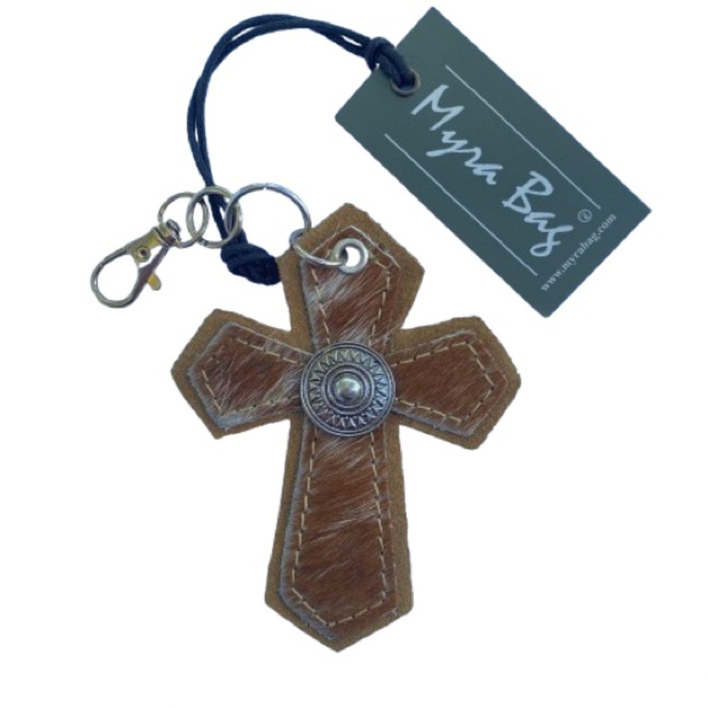 Myra Bag Women's Hair-on Medallion Cross Hide Key Fob in Brown Western Boho NWT